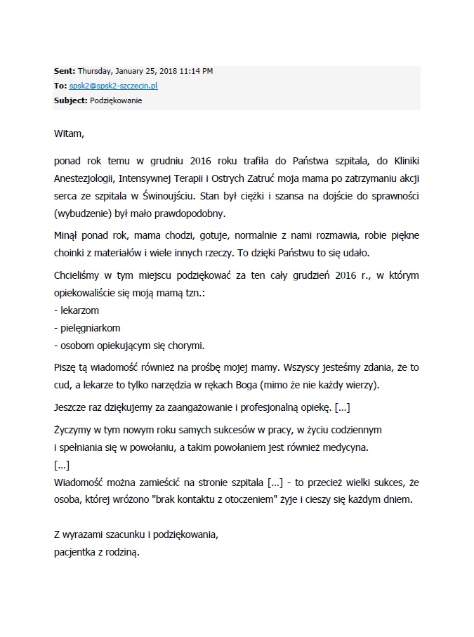 Podziękowania od Pacjentki i jej Rodziny za opiekę w Klinice Anestezjologii, Intensywnej Terapii i Ostrych Zatruć USK-2